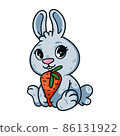 Cute little easter bunny with carrot. Rabbit the symbol of 2023 chinese new year. Hare with big eyes and vegetable. Farm animal vector illustration isolated white background. Domestic pet cartoon art. 86131922
