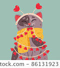 Cat with headband hearts, warm scarf, light bulbs garland. Saint valentine day 14 February greeting card. Cute vector illustration isolated on background. Romantic poster with domestic kitty. 86131923