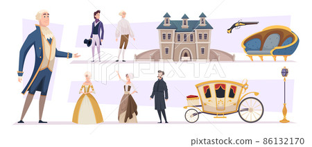 18th century. Old style architectural historical objects people fashioned clothes and buildings aristocratic costumes exact vector pictures set 18th century. Old style architectural historical objects people fashioned clothes and buildings aristocratic costumes exact vector pictures set 86132170