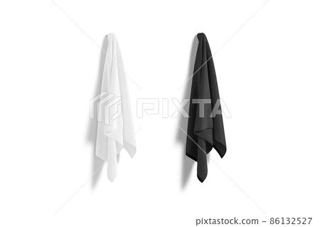 Blank black and white big towel hanging on hook mockup 86132527