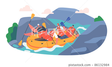 Rafting Sport, Sportsmen Rowing in Rubber Inflatable Boat Down the Rocky Mountain River. Wild Nature and Water Fun 86132984