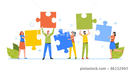 Businesspeople, Coworking Teamwork Cooperation, Collective Work, Partnership Concept. Office People Setting Up Puzzle 86132993
