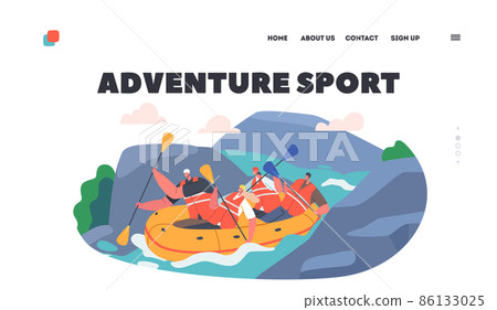 Rafting Adventure Sport Landing Page Template. Sportsmen Rowing in Rubber Boat Down the Rocky Mountain River Rafting Adventure Sport Landing Page Template. Sportsmen Rowing in Rubber Boat Down the Rocky Mountain River 86133025