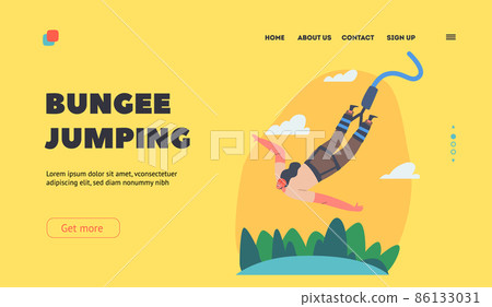 Extreme Sports Bungee Jumping Landing Page Template. Brave Female Character Jump with Rope from Great Height, Fun Extreme Sports Bungee Jumping Landing Page Template. Brave Female Character Jump with Rope from Great Height, Fun 86133031