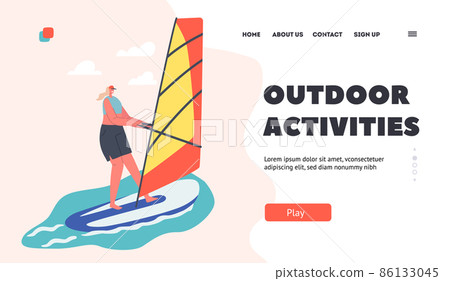 Outdoor Activities Landing Page Template. Sportswoman Character Sailing. Woman Riding Sea Waves by Sail, Relax at Summer 86133045