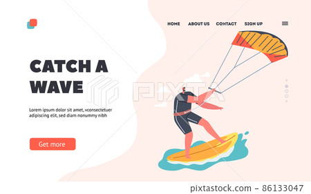 Windsurfing Landing Page Template. Wind Surfing Recreation in Ocean. Man Surfer Character in Swim Wear Catching Wave 86133047