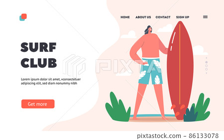 Surf Club Landing Page Template. Young Man with Board in Hands Stand on Beach of Summer Resort. Summertime Vacation Surf Club Landing Page Template. Young Man with Board in Hands Stand on Beach of Summer Resort. Summertime Vacation 86133078