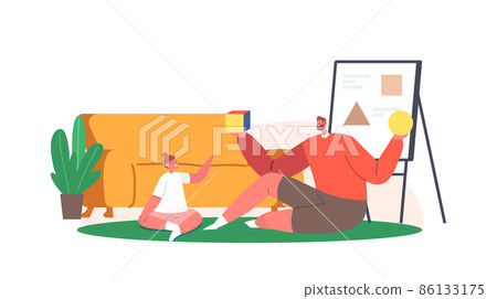 Parent or Teacher and Girl Characters Sitting on Floor Studying and Learning Classes. Father and Daughter Learn 86133175