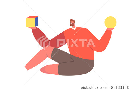 Active Game, Preschool Kids Education. Man Holding Cube and Ball Shapes in Hands, Colorful Plastic Constructor Blocks Active Game, Preschool Kids Education. Man Holding Cube and Ball Shapes in Hands, Colorful Plastic Constructor Blocks 86133338
