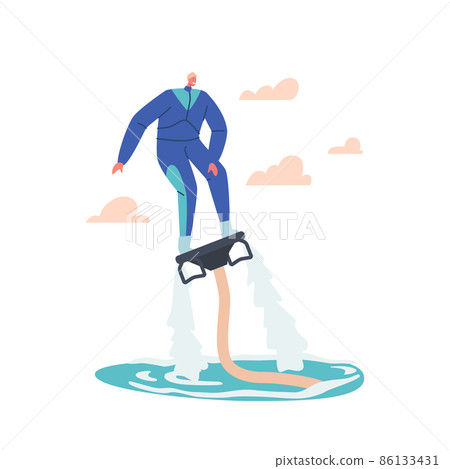 Extreme Water Sports Concept. Professional Fly Board Rider in Tropical Sea Making Stunts, Summer Vacation Outdoor Fun 86133431