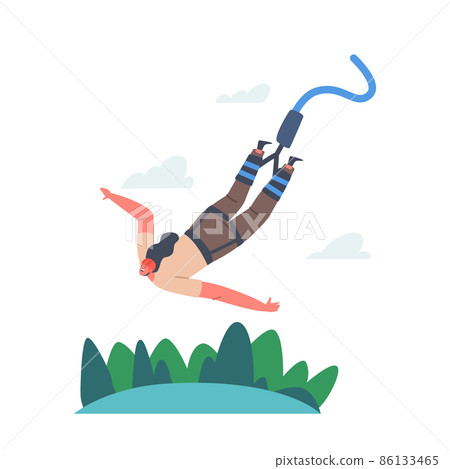 Extreme Sports Activity, Bungee Jumping Concept. Brave Female Character Jump with Rope from Great Height. Fun Recreation Extreme Sports Activity, Bungee Jumping Concept. Brave Female Character Jump with Rope from Great Height. Fun Recreation 86133465