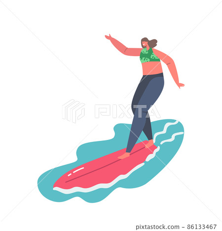 Young Woman Surfer Character in Swim Wear Trying to Keep Balance and Catch Big Sea Wave on Surf Board. Surfing Young Woman Surfer Character in Swim Wear Trying to Keep Balance and Catch Big Sea Wave on Surf Board. Surfing 86133467