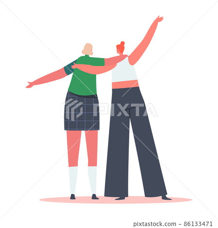 Couple of Female Characters Hugging Rear View. Blonde and Ginger Girls Hand Gestures, Stylish Two Girlfriends Support Couple of Female Characters Hugging Rear View. Blonde and Ginger Girls Hand Gestures, Stylish Two Girlfriends Support 86133471