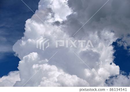 Bright landscape of white puffy cumulus clouds on blue clear sky 86134541
