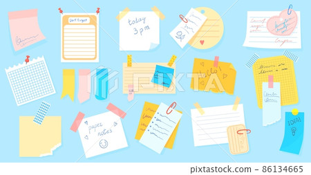 Cartoon sticky notes. Cute scrap notepad for noting, coloured isolated sticker, paper list school notebook, noticeboard, office memo stickers, vector illustration 86134665