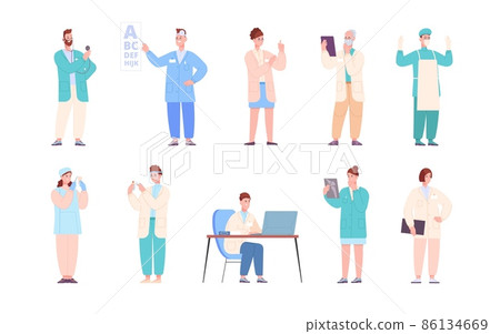 Healthcare staff characters. Medical hospital employees, doctors nurses in white uniform, health care job, pharmacist dentist surgeon, eye diagnostics, splendid vector illustration Healthcare staff characters. Medical hospital employees, doctors nurses in white uniform, health care job, pharmacist dentist surgeon, eye diagnostics, splendid vector illustration 86134669