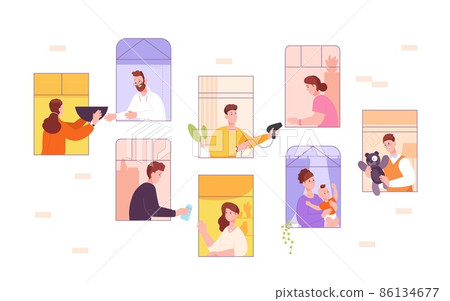 Coliving. Neighbors windows share things, community home city neighborhood, neighbor unity good aid apartment house, mutual help lockdown 86134677