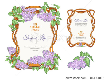 Label, decorative frame, border with lilac flowers. Element for design. 86134815