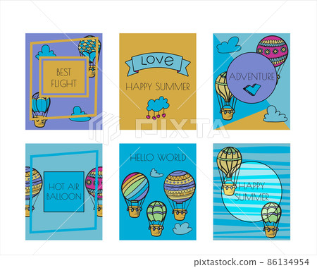 Doodle vector banners of hot air balloons with clouds. Colorful hand draw illustration flying vehicles. Romantic balloons. Sky with tourist balloons for flight. Cartoon style 86134954