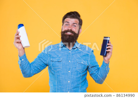 Bath soap. Bath cosmetics review. Man bearded hipster  86134990