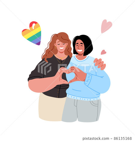 Lesbian couple hugging,making heart with hands.Vector flat illustration 86135168