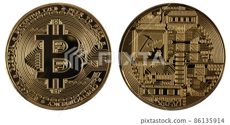 Bitcoin coin symbol face and back side on white background. Close-up, isolated. Business, money, cryptocurrency concept. Bitcoin coin symbol face and back side on white background. Close-up, isolated. Business, money, cryptocurrency concept. 86135914