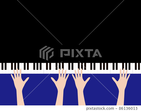 Two people and four hands playing duet with the piano keyboard 86136013