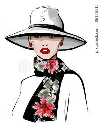 Beautiful caucasian fashion model posing with hat and scarf against white background Beautiful caucasian fashion model posing with hat and scarf against white background 86136113