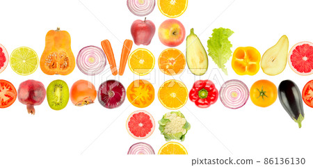 Large size seamless pattern. Wholesome vegetables and fruits isolated on white 86136130