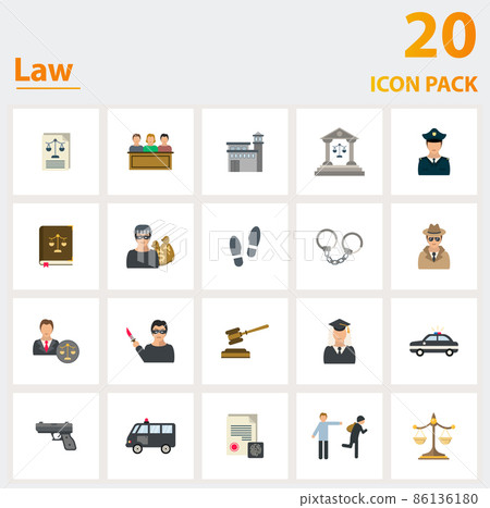 Law icon set. Collection of simple elements such as the legal document, jury, jail, footprint, police handcuffs, lawyer, courthhouse. 86136180