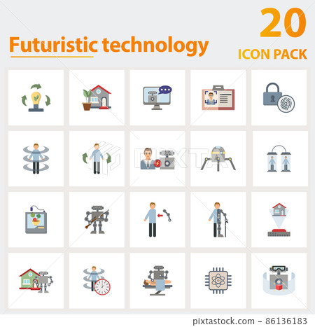 Futuristic Technology icon set. Collection of simple elements such as the renewable energy, eco house, intelligent assistant, human vs ai, nanorobots, food printer, biometric id card. 86136183
