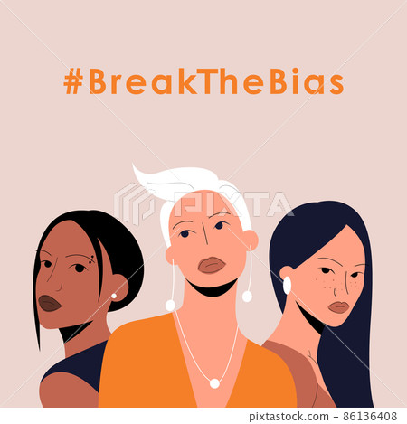 Poster with a group of women of different ethnic group. International womens day. 8th march. Hashtag BreakTheBias. Vector illustration in flat style for banner, social networks. Eps 10. Poster with a group of women of different ethnic group. International womens day. 8th march. Hashtag BreakTheBias. Vector illustration in flat style for banner, social networks. Eps 10. 86136408