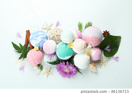 Different bath balls on white background, top view 86136723