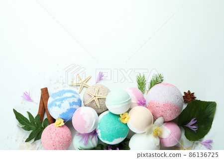 Different bath balls on white background, space for text 86136725