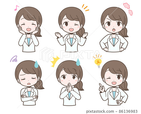 Facial expression set of a young woman in a white coat 86136983