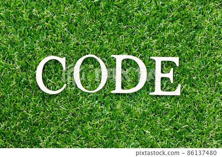 Wood letter in word code on green grass background Wood letter in word code on green grass background 86137480