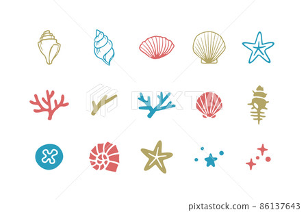 Simple and cute seaside decoration illustration set icon seashell coral starfish 86137643