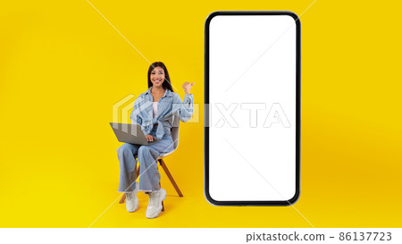 Happy lady using pc pointing at mobile phone screen 86137723