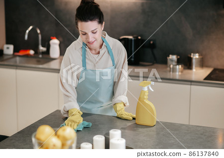 Young dark-haired woman looking busy while doing housework 86137840