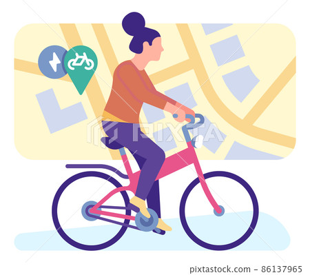 Woman riding on bicycle to sharing zone. Transport rent service Woman riding on bicycle to sharing zone. Transport rent service 86137965