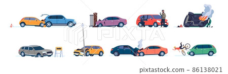 Road traffic accident. Dangerous situations with cars. Broken or burning vehicles. Drivers errors. Automobile knocking down cyclist. Thief steals auto. Vector transport disasters set Road traffic accident. Dangerous situations with cars. Broken or burning vehicles. Drivers errors. Automobile knocking down cyclist. Thief steals auto. Vector transport disasters set 86138021