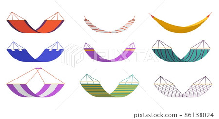 Resort hammocks. Outdoor relax time. Recreational fabric objects. Touristic comfort swing couches. Colorful summer adaptations. Hanging sofas for picnic. Vector garden furniture set Resort hammocks. Outdoor relax time. Recreational fabric objects. Touristic comfort swing couches. Colorful summer adaptations. Hanging sofas for picnic. Vector garden furniture set 86138024