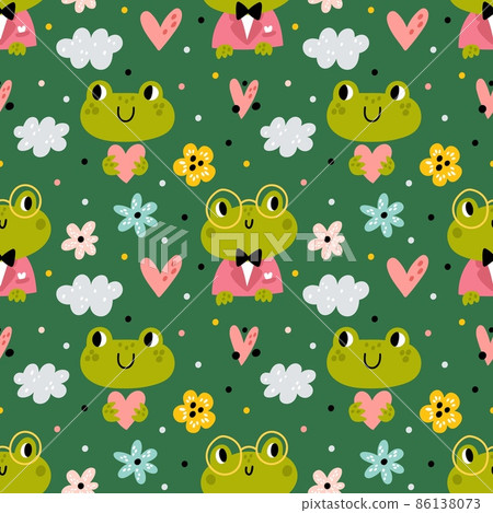 Funny frogs seamless pattern. Cute green animals, little cartoon amphibians with flowers, baby toad characters in glasses, childish background. Decor textile, wrapping paper, vector print 86138073