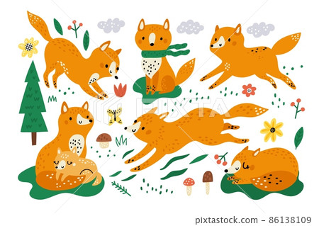 Cute foxes. Funny kids animals. Orange forest mammals. Wild fauna. Vixens running or relaxing in different poses. Happy mom and child. Plants elements. Vector woodland predators set 86138109