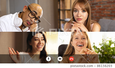 Set of images of happy girls and sad man at online meeting. Group video call, people share ideas brainstorming use video conference. Collage Set of images of happy girls and sad man at online meeting. Group video call, people share ideas brainstorming use video conference. Collage 86138203