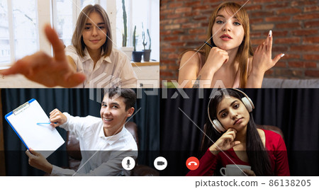 Set of 4 young man and girls at online lesson, class via group video call, people share ideas brainstorming use video conference. Collage Set of 4 young man and girls at online lesson, class via group video call, people share ideas brainstorming use video conference. Collage 86138205