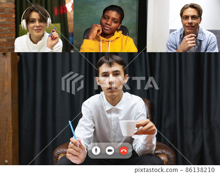 Set of 4 young people at online lesson, class via group video call, people share ideas brainstorming use video conference. Collage Set of 4 young people at online lesson, class via group video call, people share ideas brainstorming use video conference. Collage 86138210