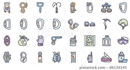 Climbing equipment color vector doodle simple icon set 86138345