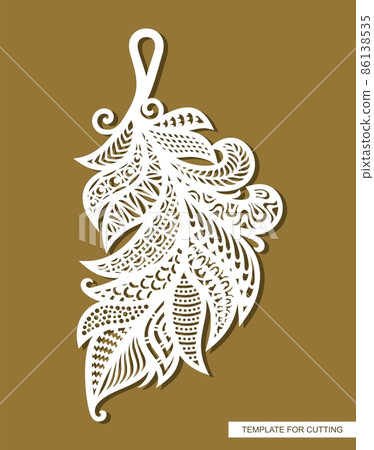 Pendant in the shape of a feather, leaf. Amulet, pendent, keychain, jewelry or decorative element for interior decoration in ethnic style. Template for plotter laser cutting of paper, metal, wood, cnc 86138535