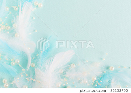Light blue background with white feathers and blue feathers and pearls Light blue background with white feathers and blue feathers and pearls 86138790